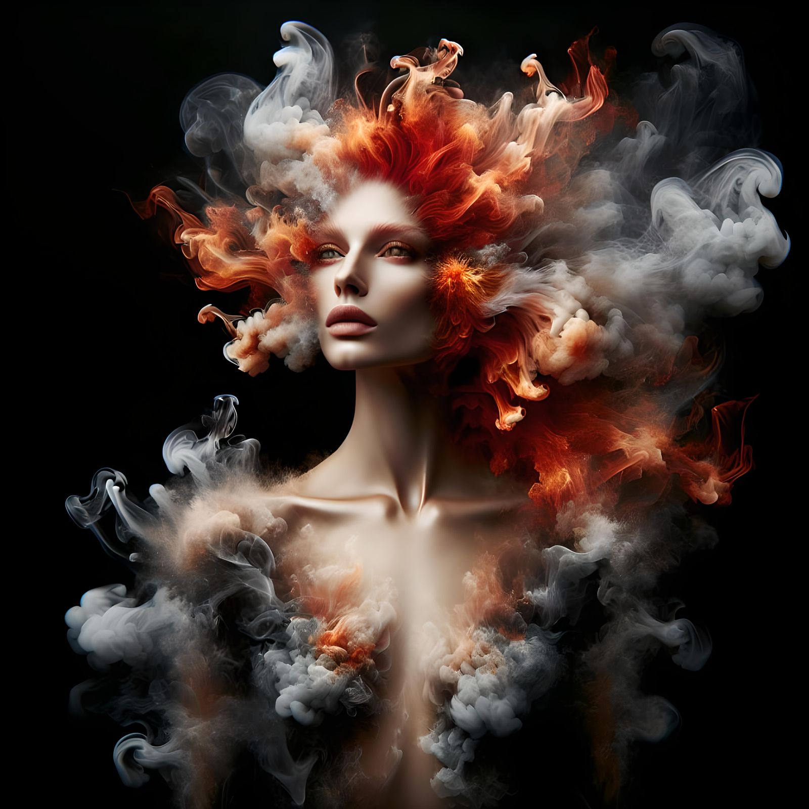 Ethereal Red-Haired Woman Made of Smoke and Flames