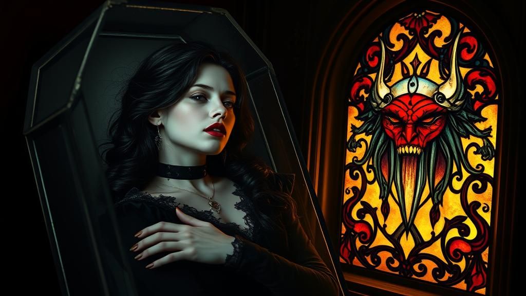 Vampire Awakening in Glass Coffin, Gothic Art