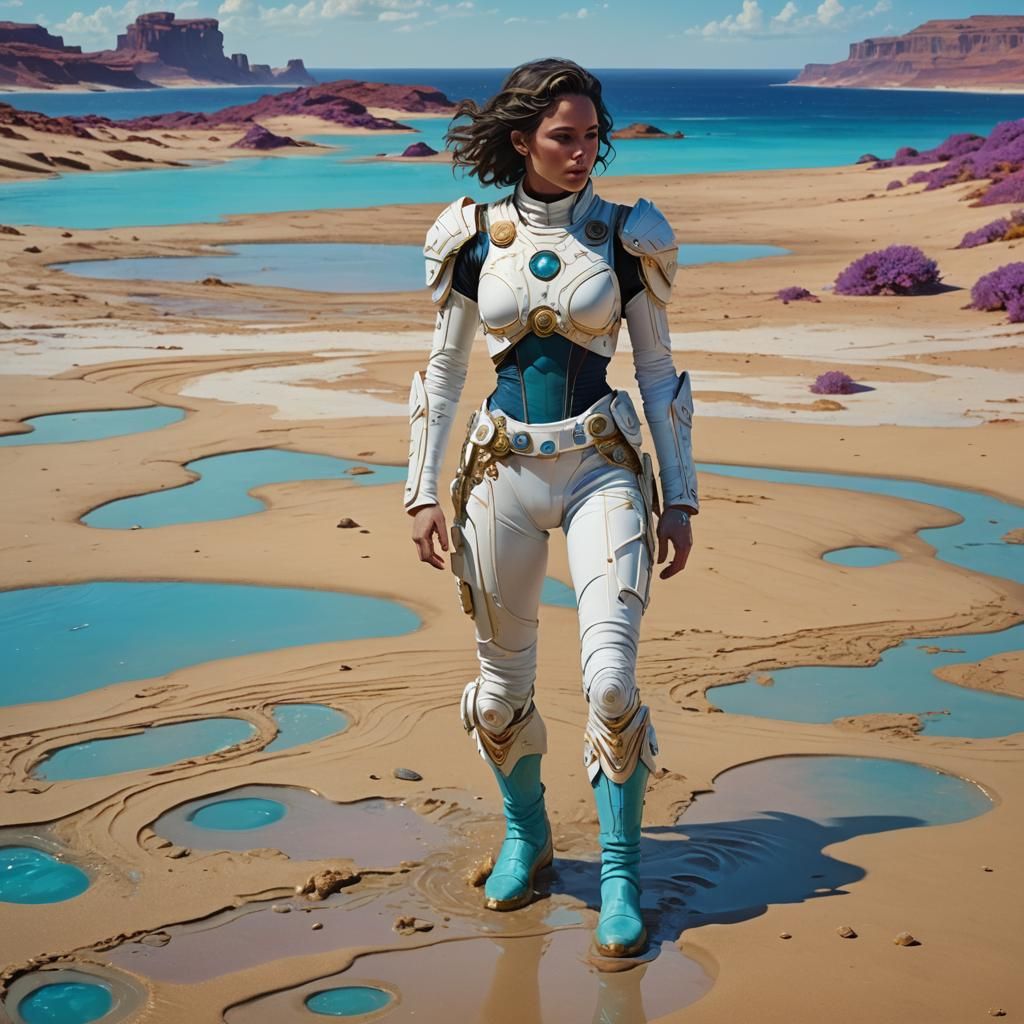 Woman in Atreides Suit on Desert Shoreline