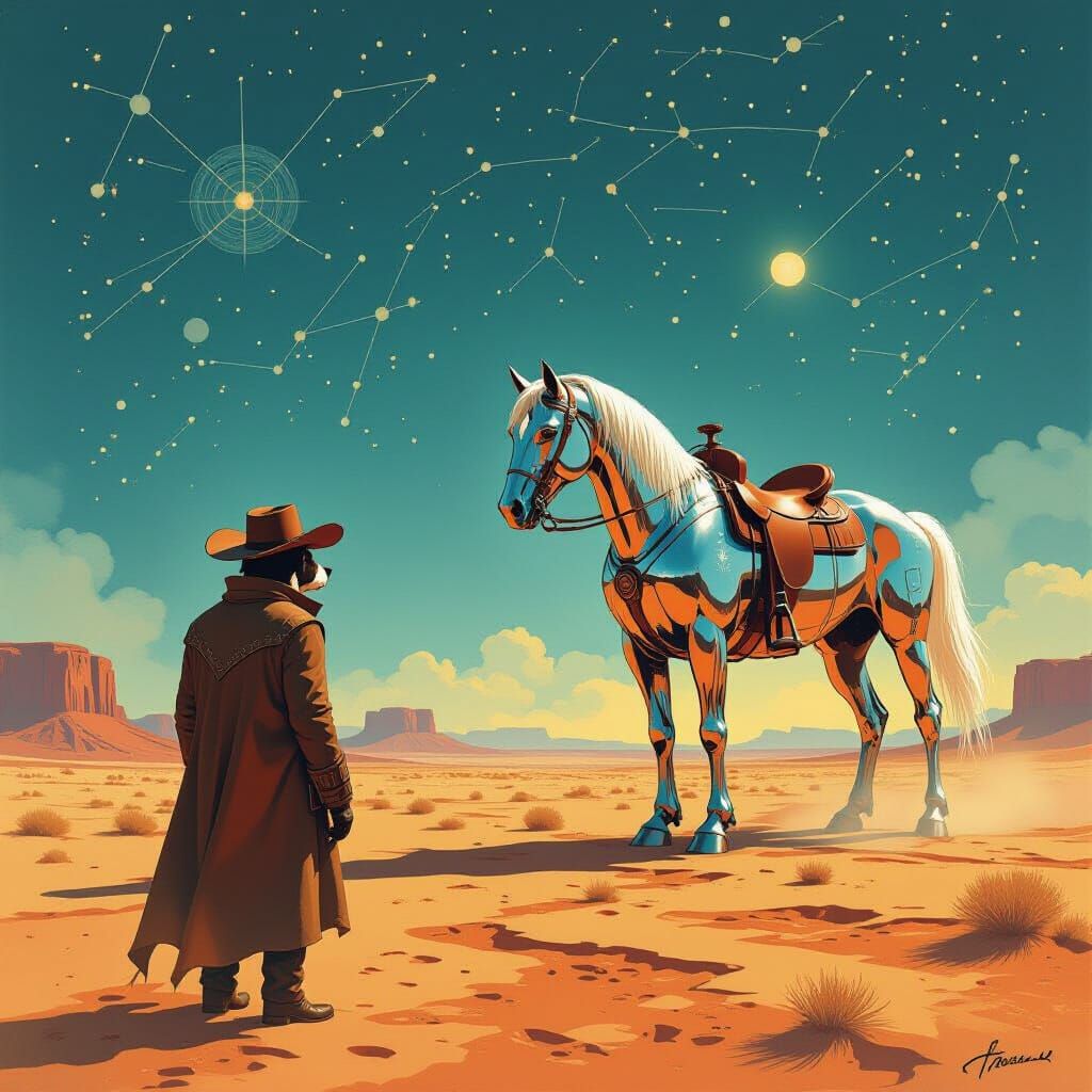 Ink-and-wash style. A lone retro-futuristic cowboy dog stand...