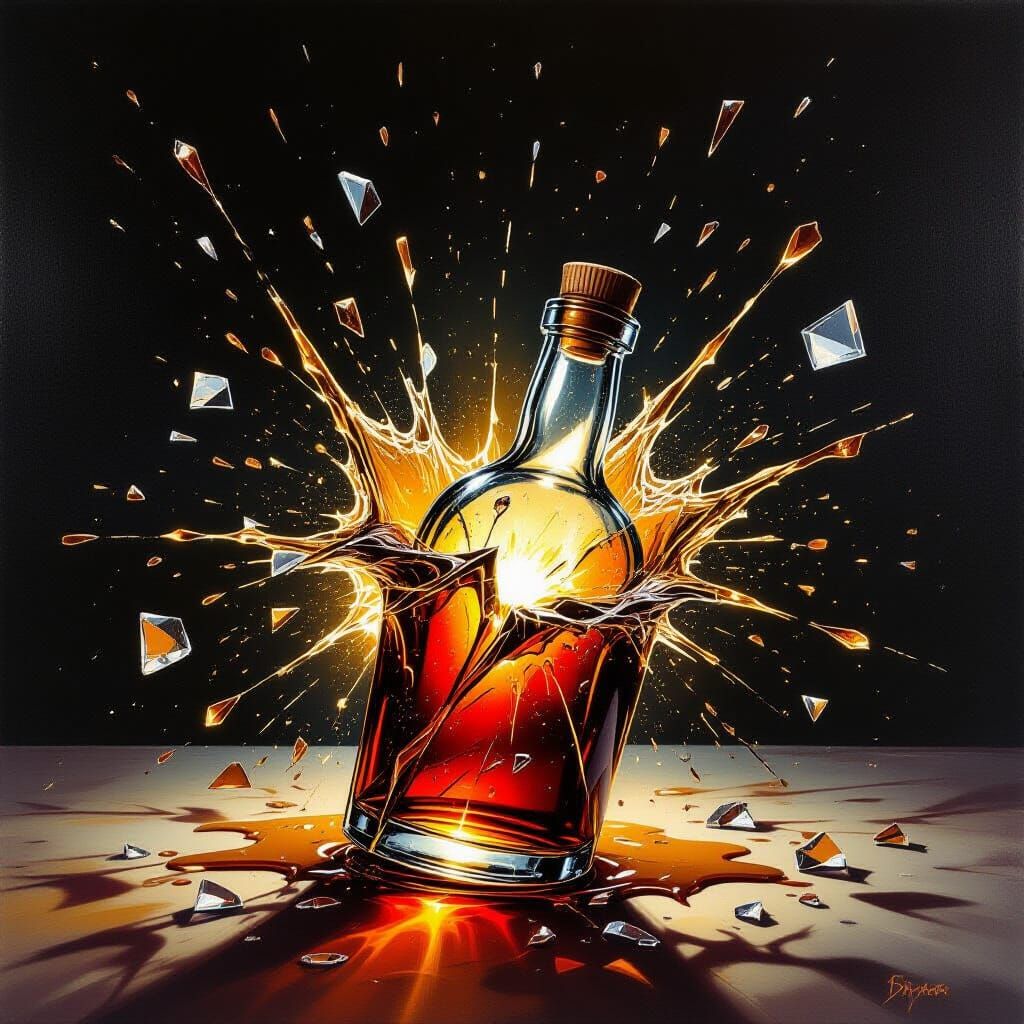 Vinegar Explosion Shatters Glass Bottle in Surreal Oil Paint...