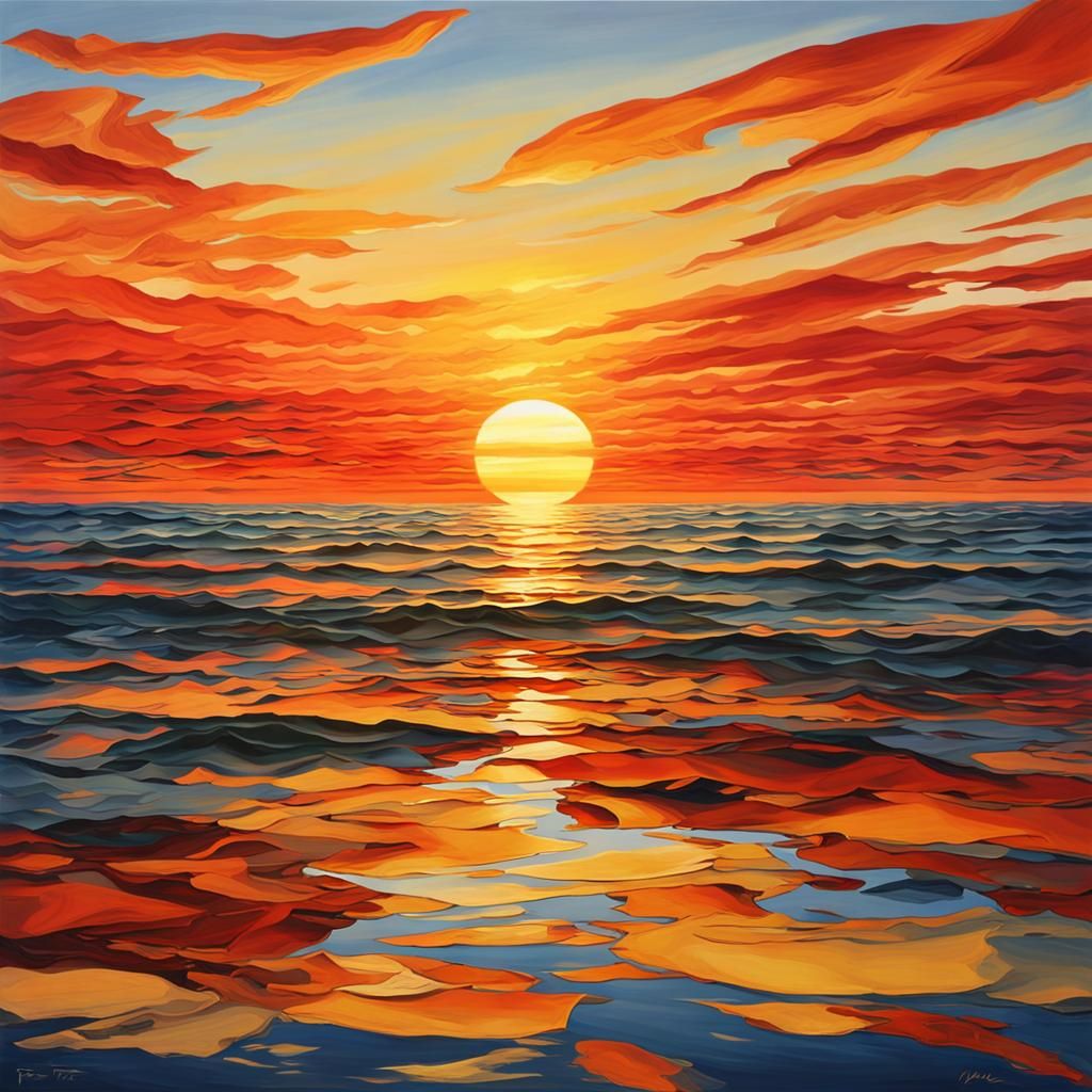 Vivid Sunset Over Calm Ocean as Oil Painting