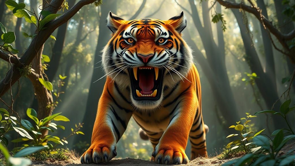 Hyper-Realistic Tiger in Jungle Landscape Art