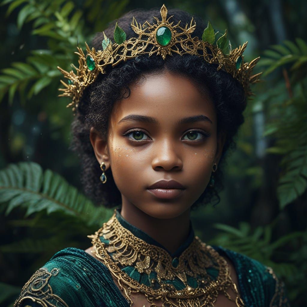 Surreal Fantasy Portrait with Emerald Eyes and Ornate Crown
