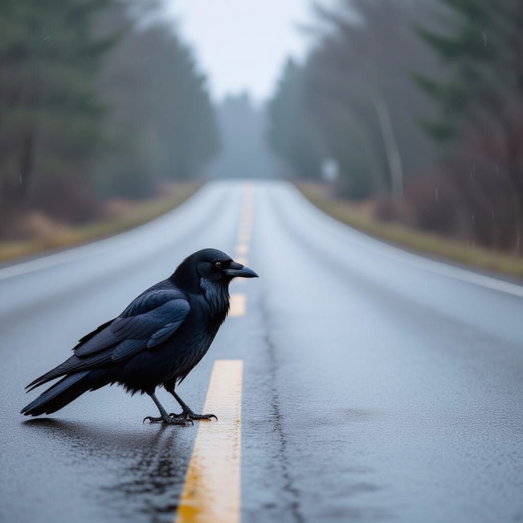 Crow on Rainy Road: A Study in Isolation