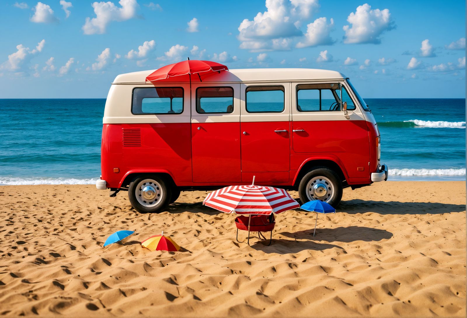 Red Van and Beach Umbrella on Sandy Shore