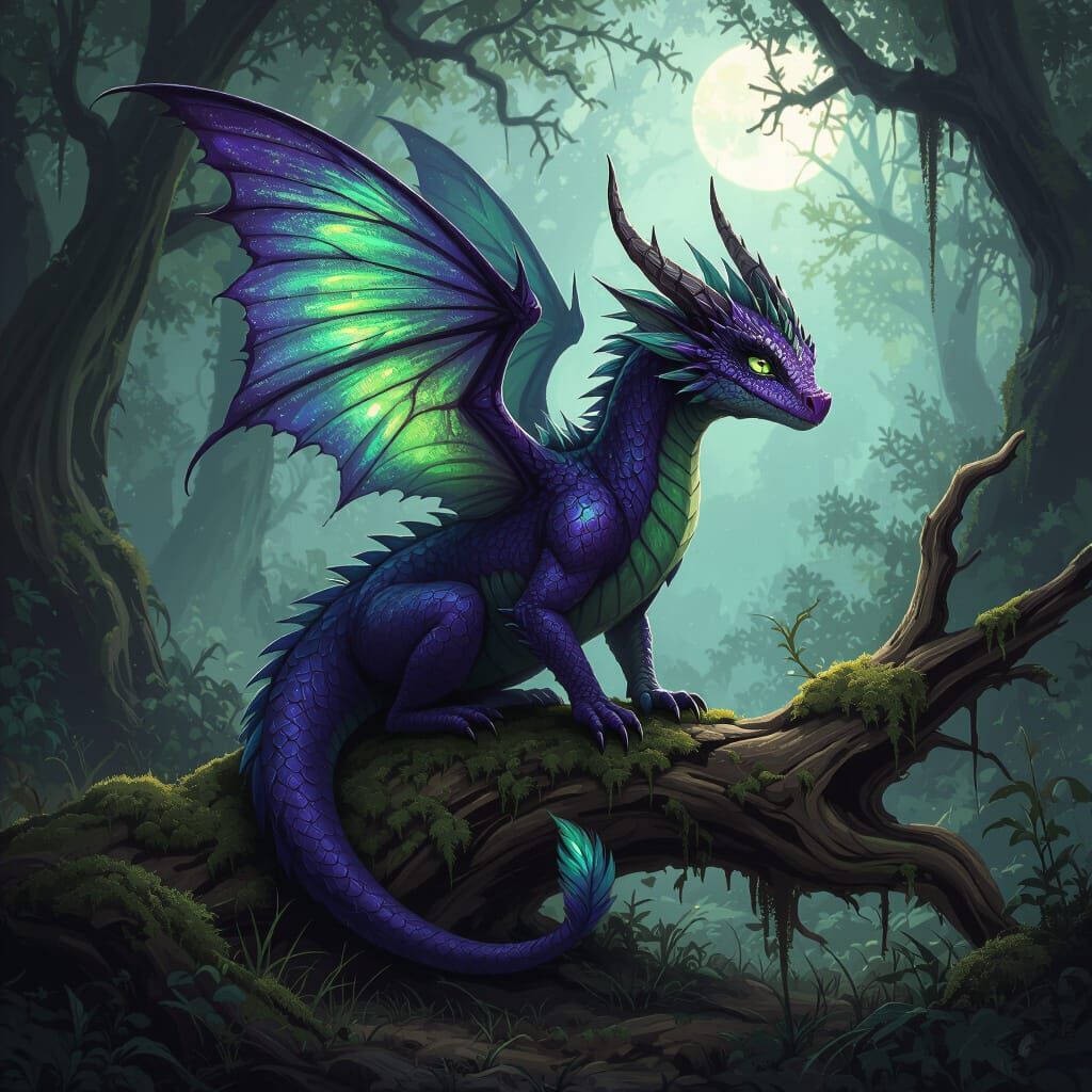 Deep Purple Dragon with Butterfly Wings on Mossy Log