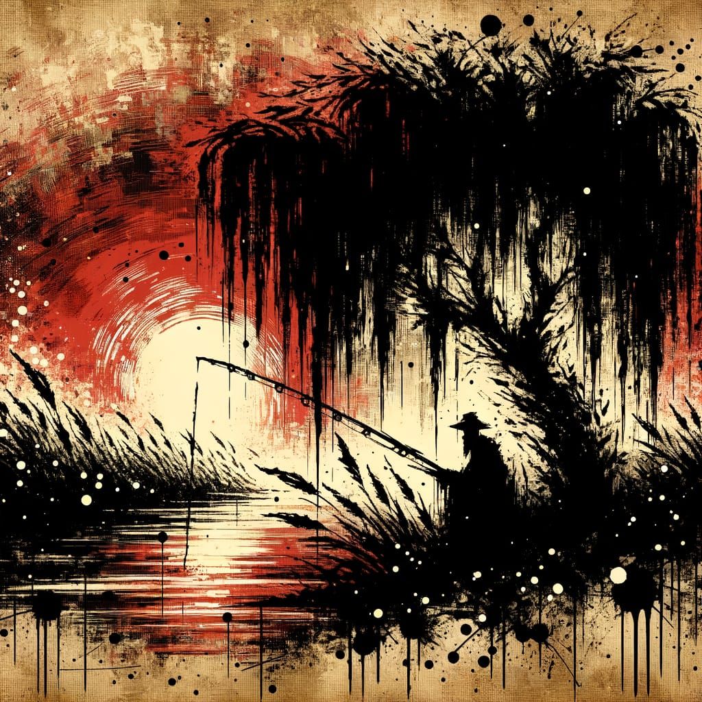 Fishing Under Willow Tree at Sunset