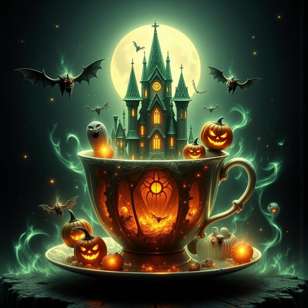 Halloween Scene in Teacup, Mystical Eerie Design