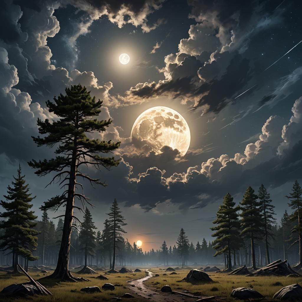 Ominous Moonlit Pine Barrens: Sci-Fi Digital Illustration