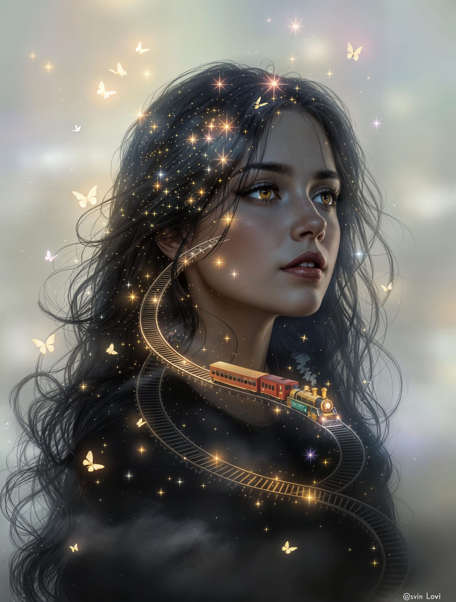 Dreamy Digital Portrait of a Young Woman with Glowing Hair a...