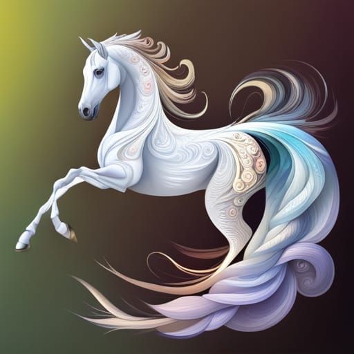 Majestic White Horse with Pastel Roses in Botanical Style
