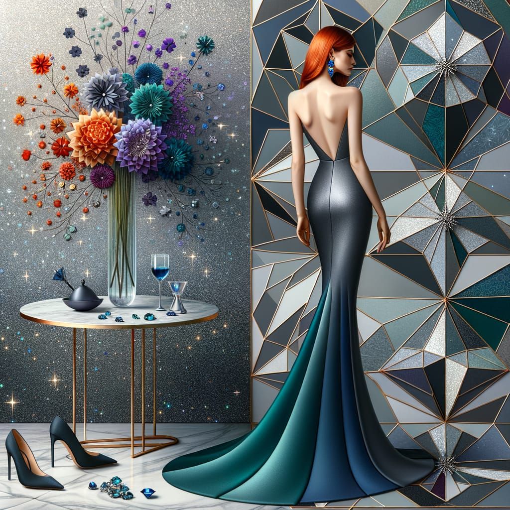 Geometric Elegance with Red Haired Woman in Starry Silver Ni...