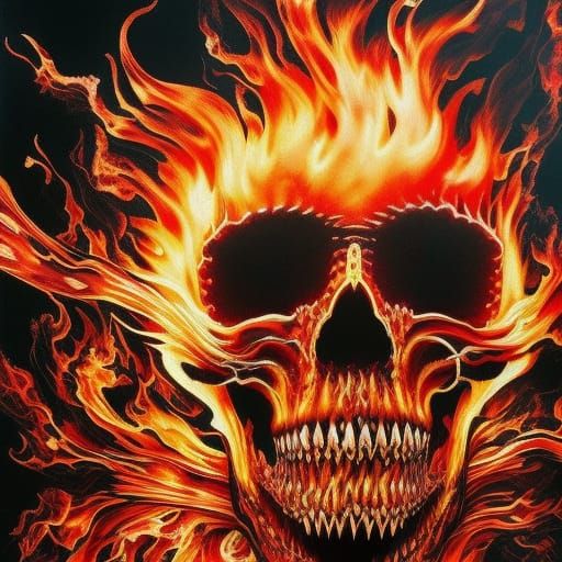 Ghostly Skull Engulfed in Flames Ink Drip Painting