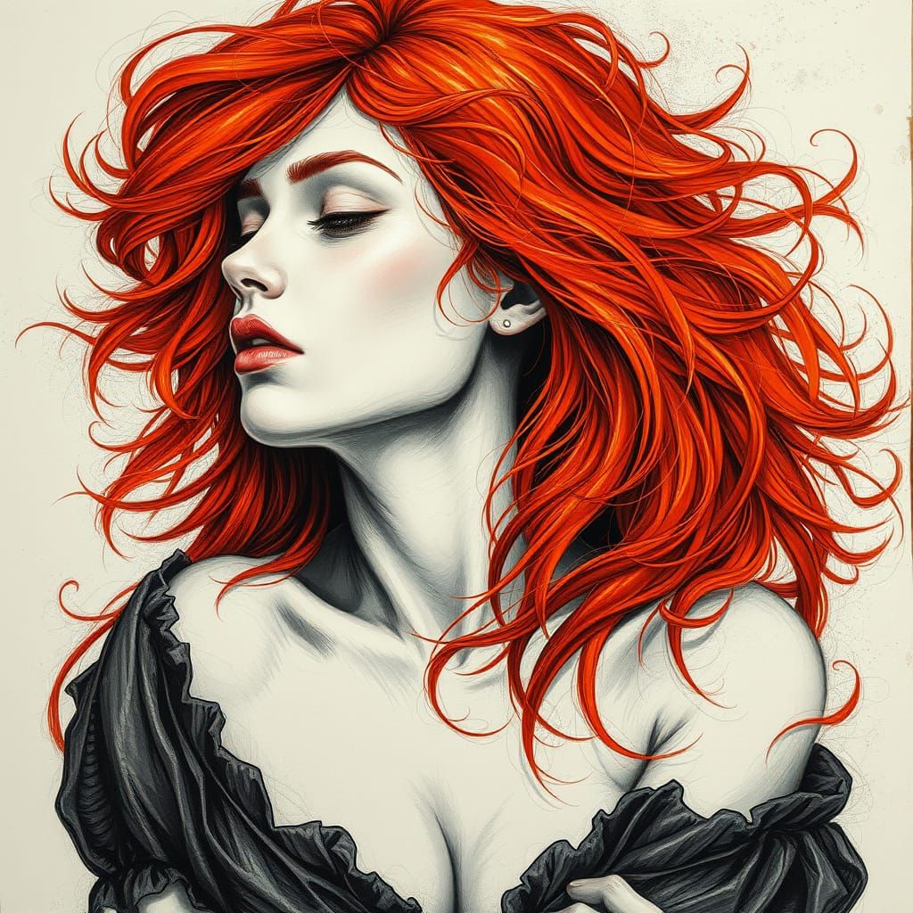 Woman with Flowing Red Hair in Art Nouveau Style