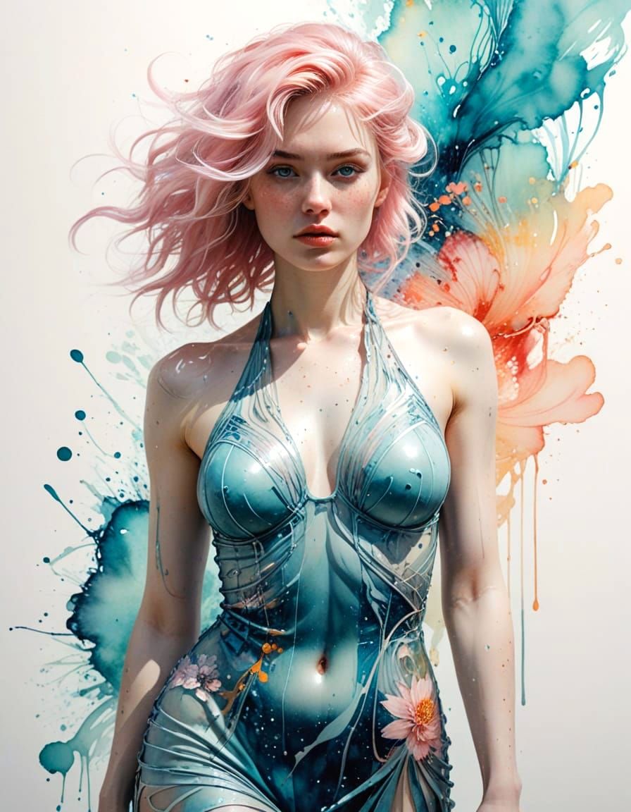 Pin-Up Woman Portrait in Ethereal Ink and Watercolor Style