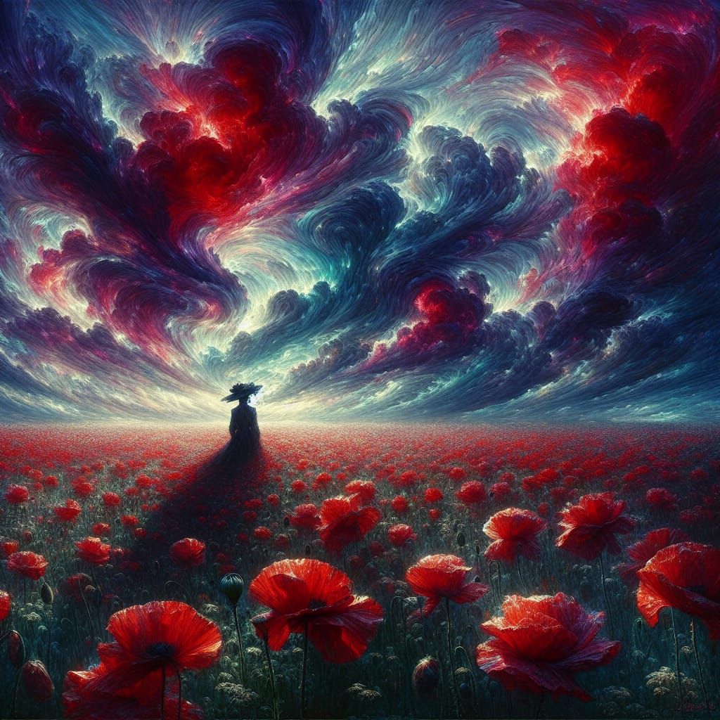 Crimson Poppies Field with Figure, in 19th Century Style