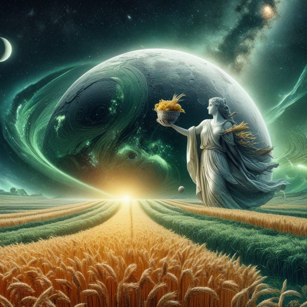 Cosmic Goddess Ceres Surrounded by Endless Harvest