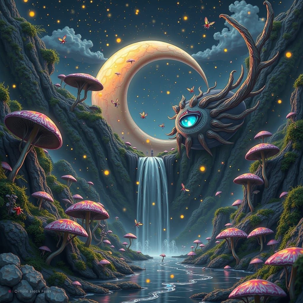 Glowing Moon Eye in Mossy Valley, Fantasy Art