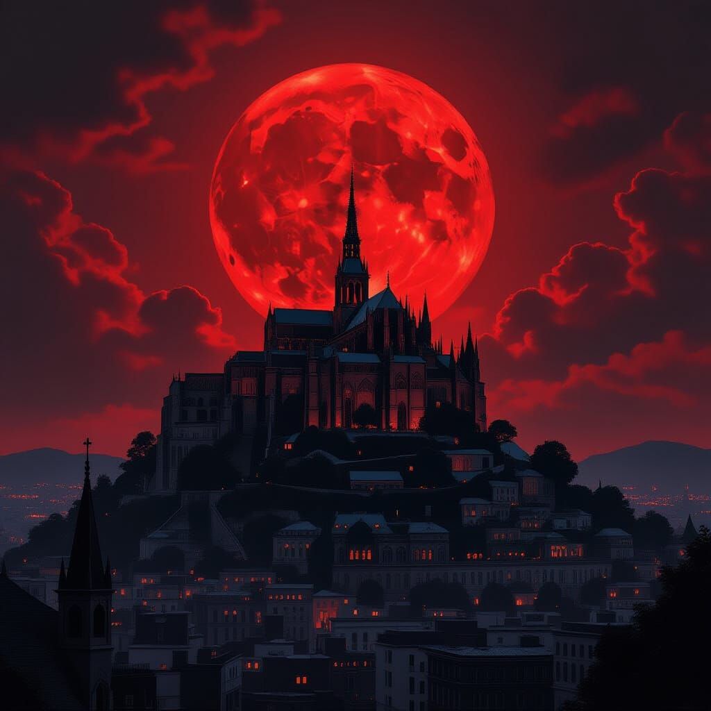 Gothic Cathedral Under Blood Moon, Dark Cityscape