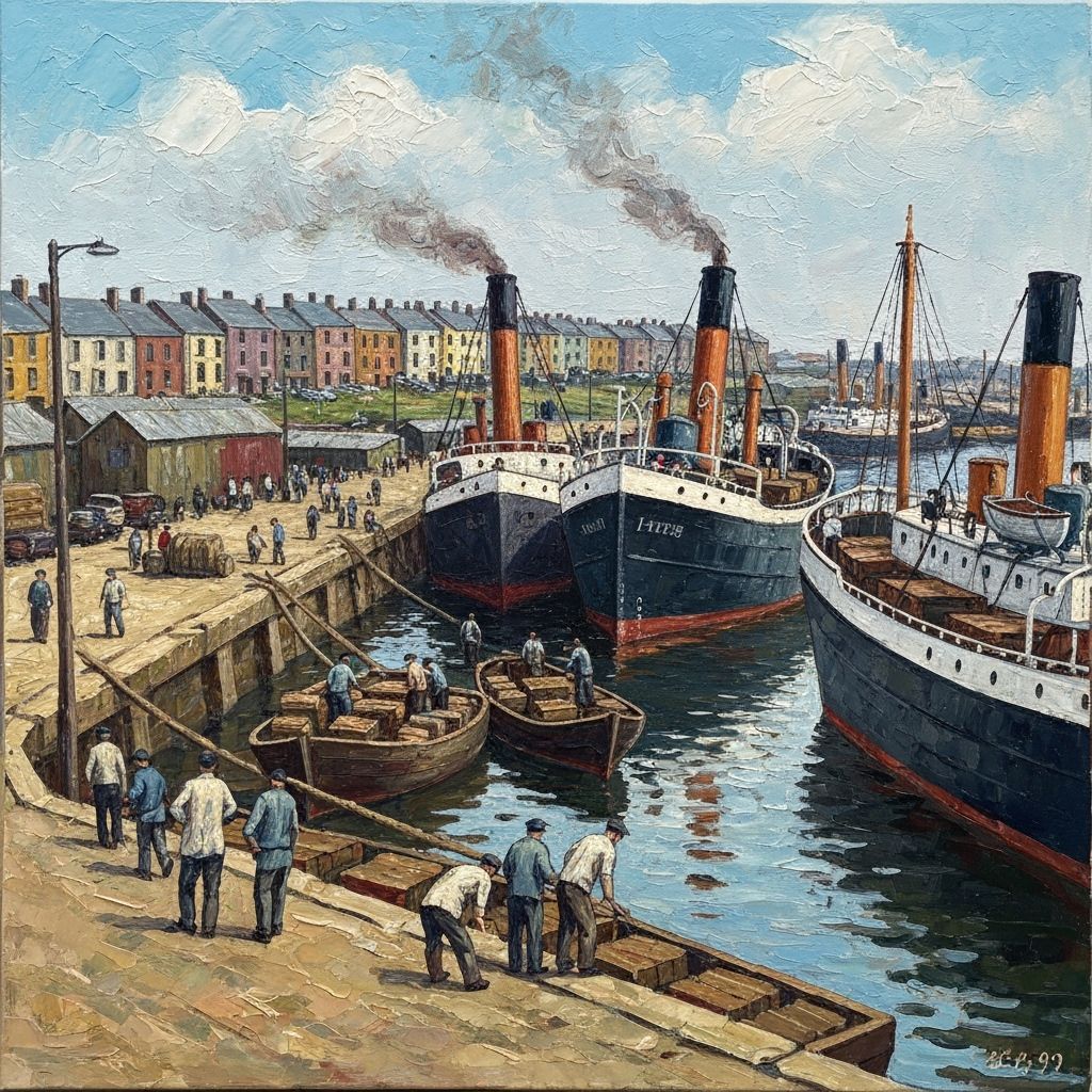 Tiger Bay docks, 1950s, lots of cargo ships, men unloading, ...