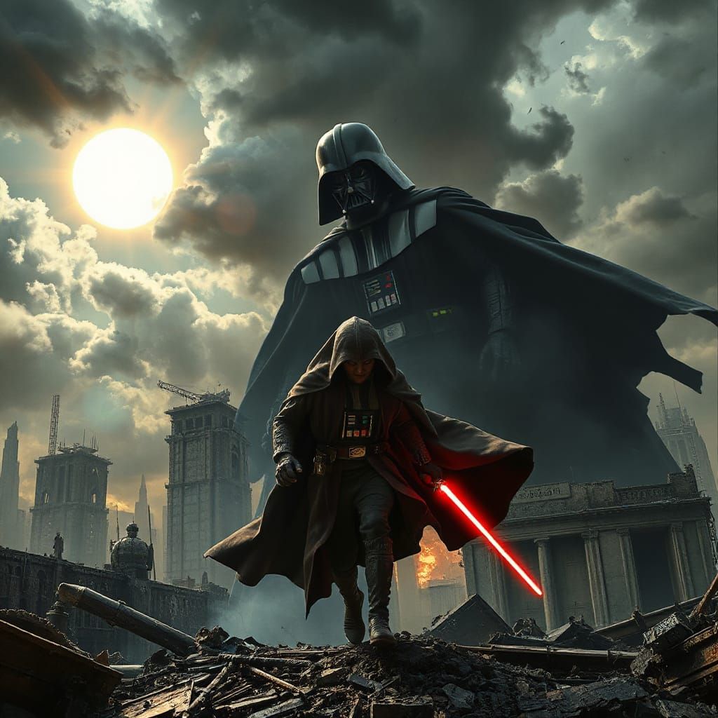 Jedi Escapes Vader in Stormy Cityscape