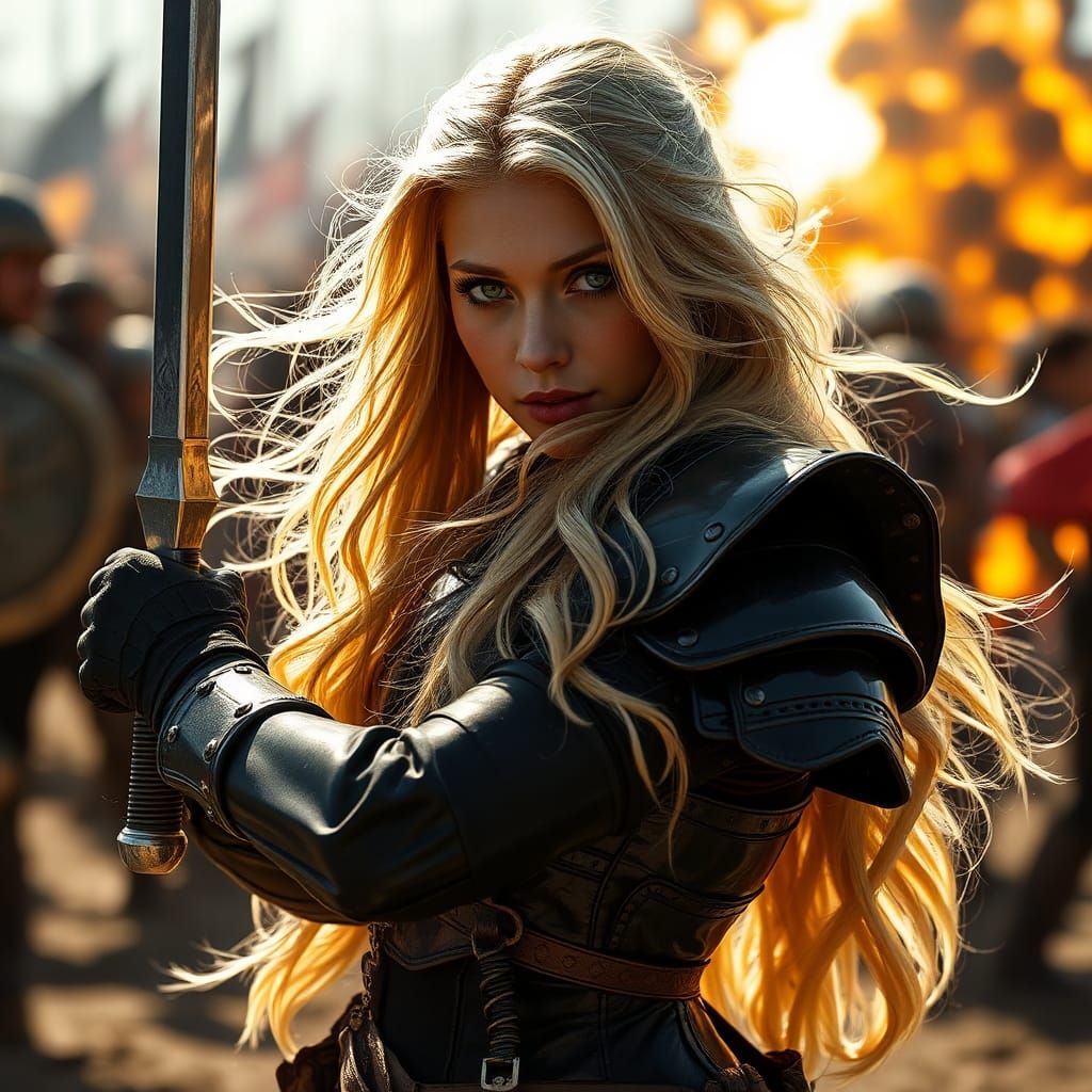 Green-Eyed Warrior in Battlefield Chaos