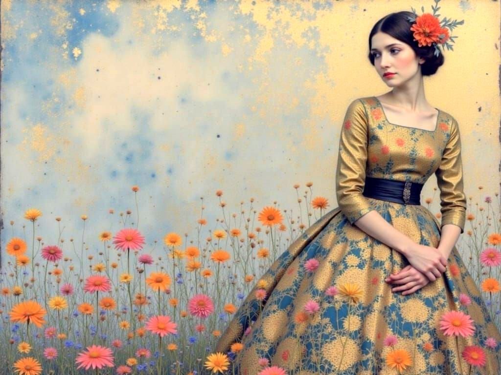 Woman with Floral Background in Klimt Style