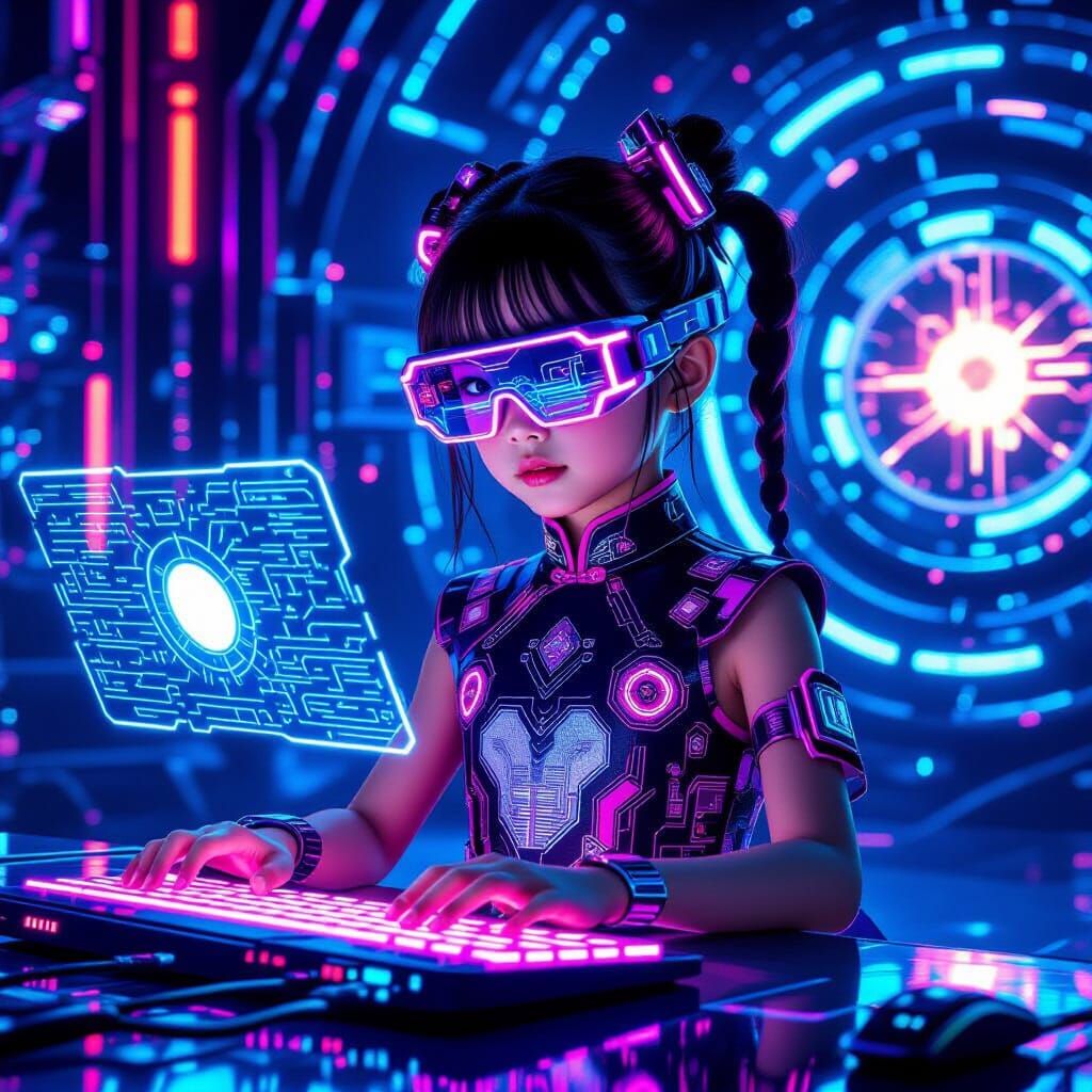 Cyberpunk Girl Interacts With Holographic Keyboard in Neon E...