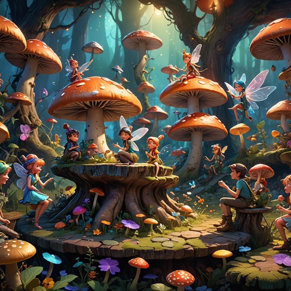 Fairies Discussing Humans in a Magical Forest