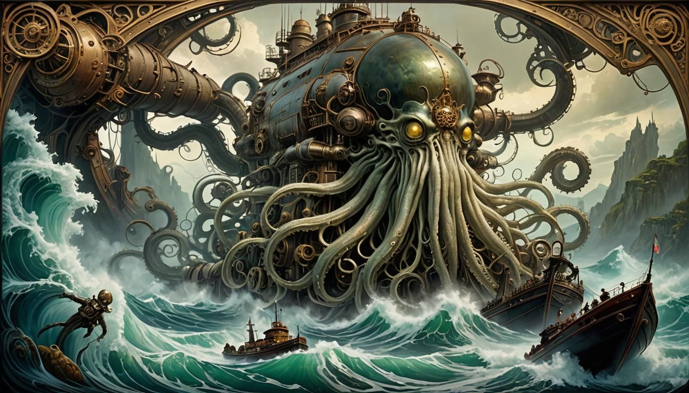 Steampunk Kraken Submarine in Surreal Art Nouveau Style
