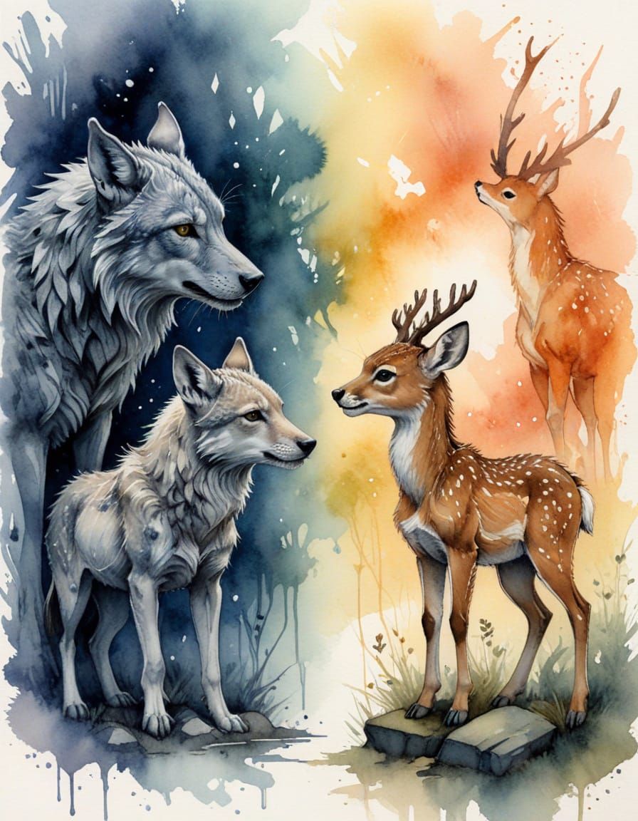 Dire Wolf and Deer Fawn: Unlikely Friends Sketch Art
