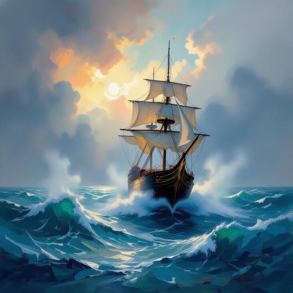 Majestic Ship Navigates Stormy Seas