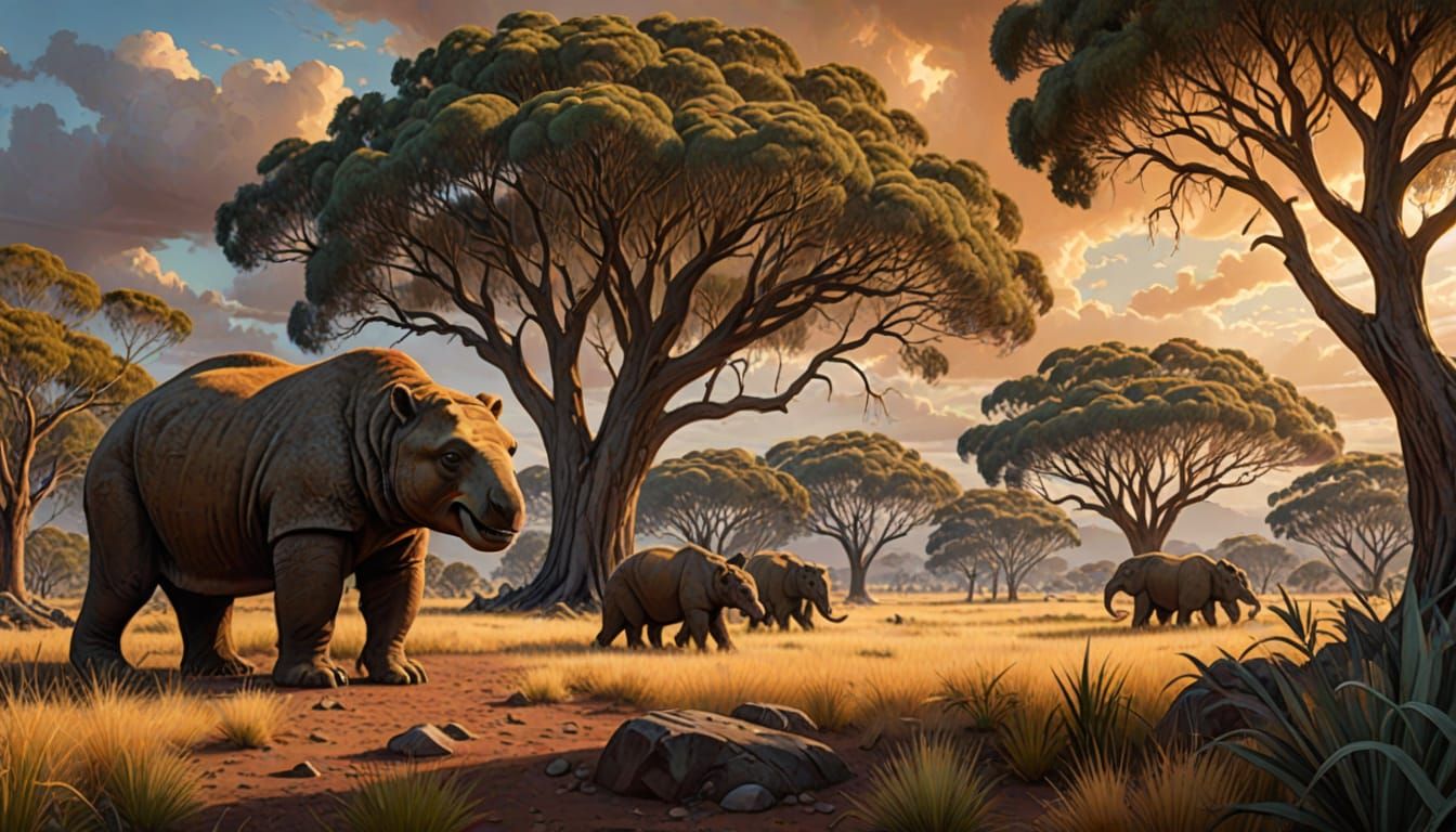 Prehistoric Australian Landscape with Diprotodon and Megalan...