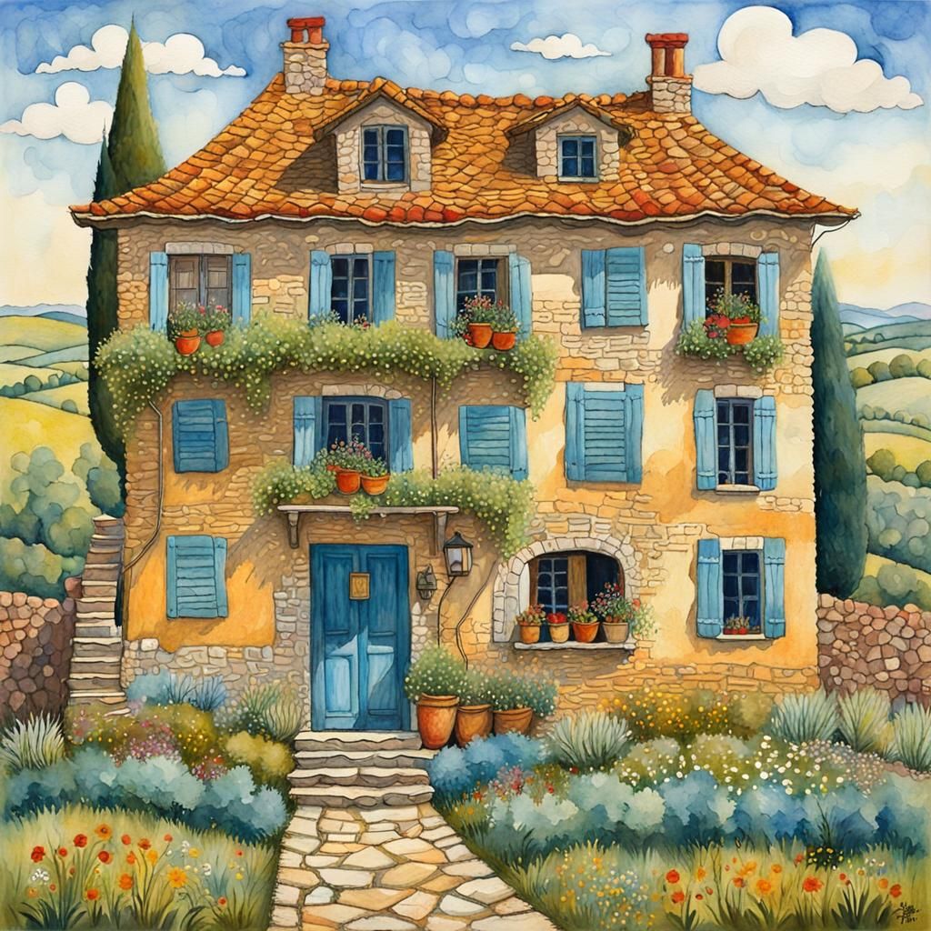 Cozy Italian Stone House in Gouache Style