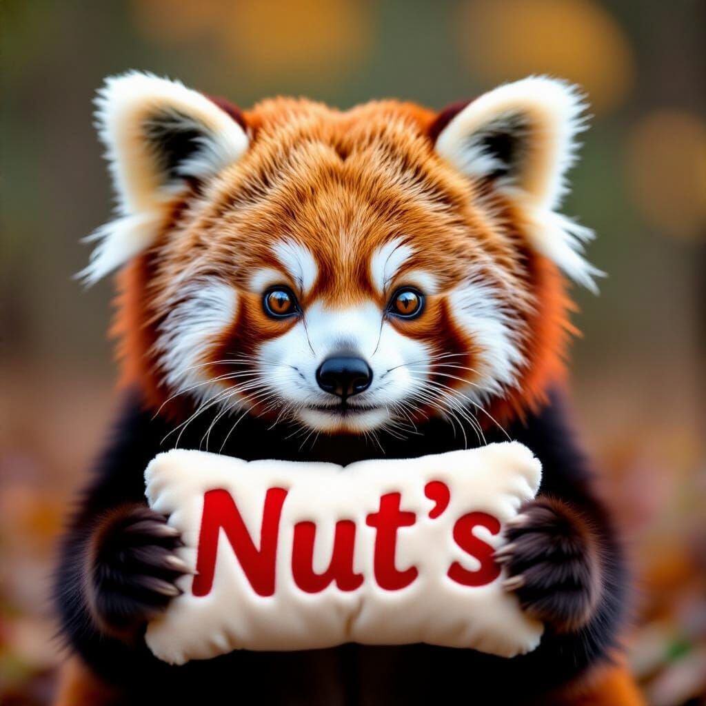 Red Panda Holding "NUT'S" Inscription in Cinematic Style