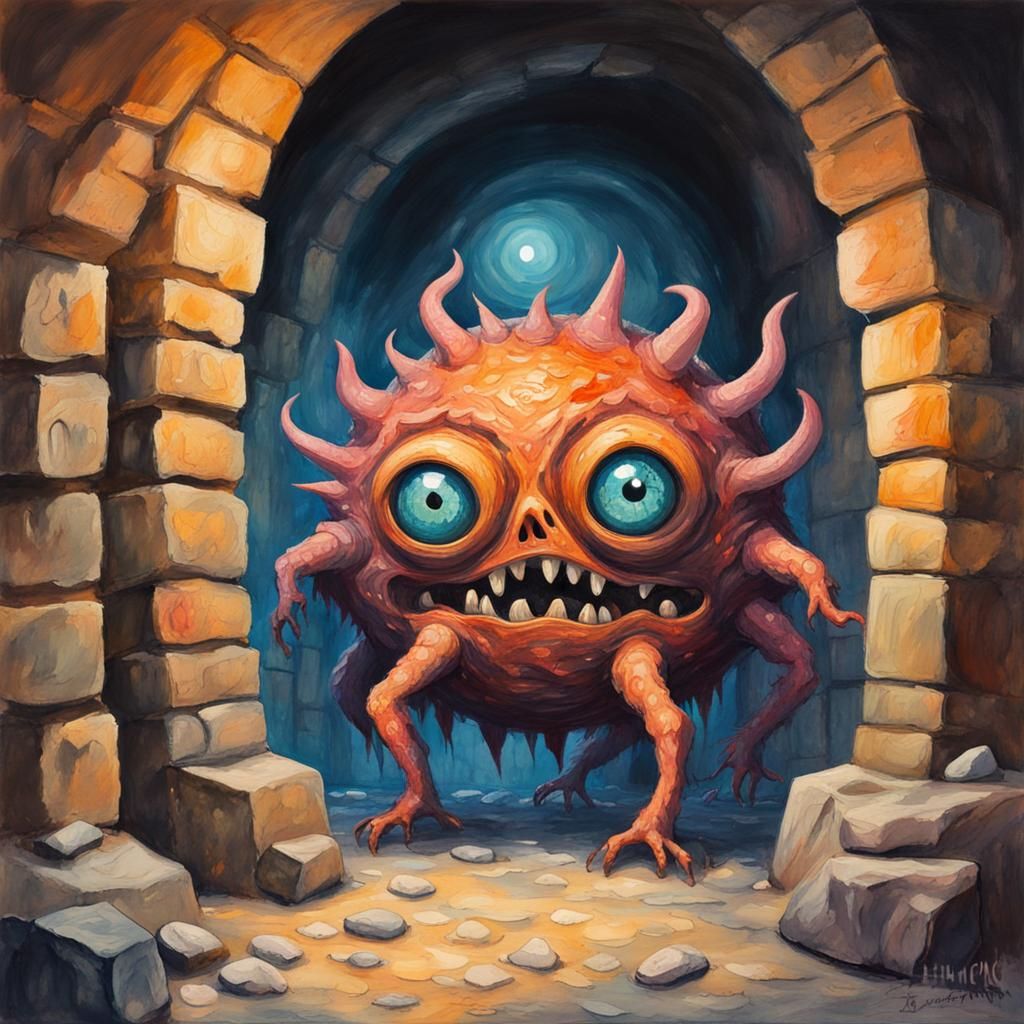 D&D beholder monster in a stone dungeon