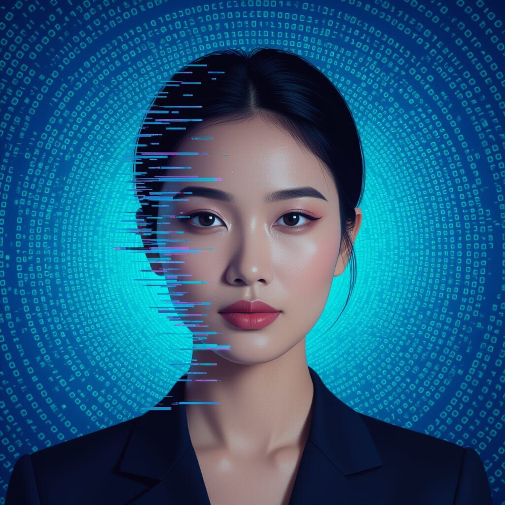 Southeast Asian Woman Portrait in Glitch Art Style