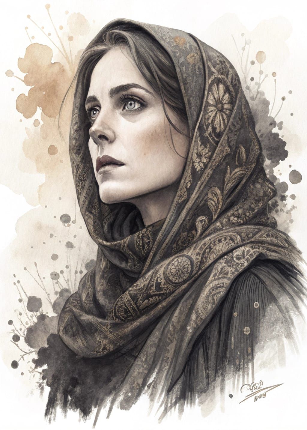 Elegant Woman in Charcoal Drawing with Art Nouveau Patterns