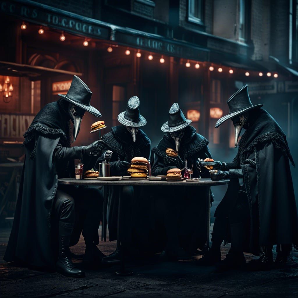 Gothic Plague Doctors Enjoying Hamburgers in Noir Style