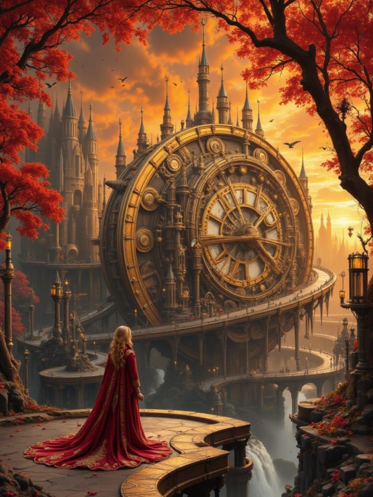 Woman at Ancient Clockwork in Autumn Vortex Sky
