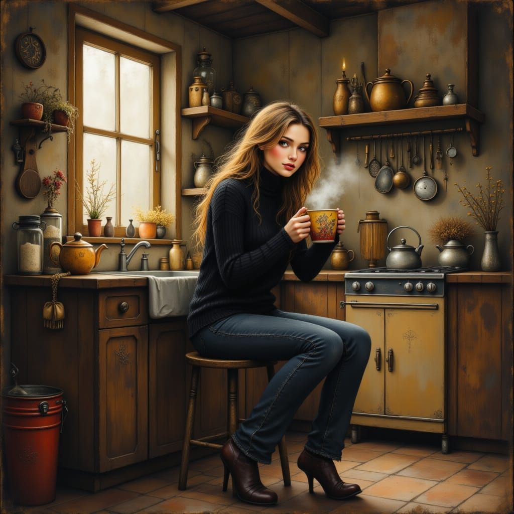 Cozy Kitchen: Woman with Tea in Rockwell Style