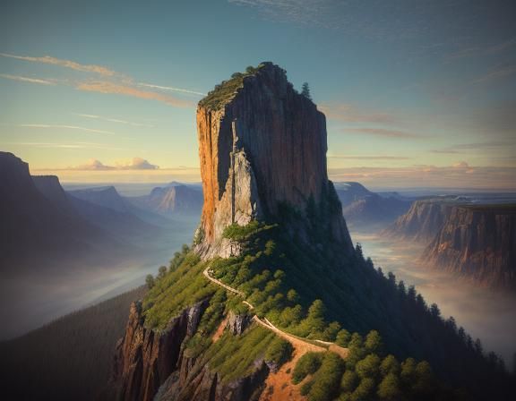 Gouache Landscape Masterpiece with Monument at Sunset