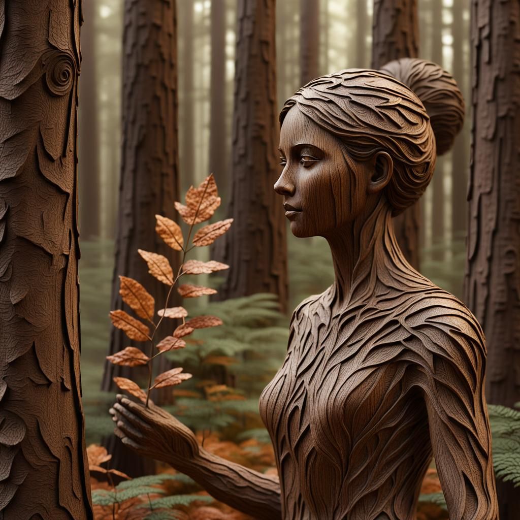 Realistic Wood Sculpture of Woman in Forest