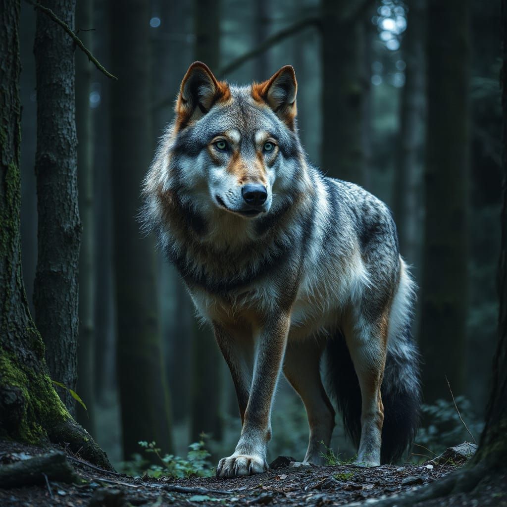 Majestic Grey Wolf in Forest with Green Eyes