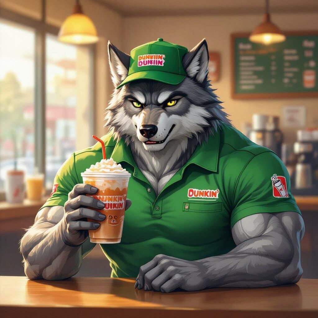 Muscular Wolf Dunkin' Employee in Illustrative Style