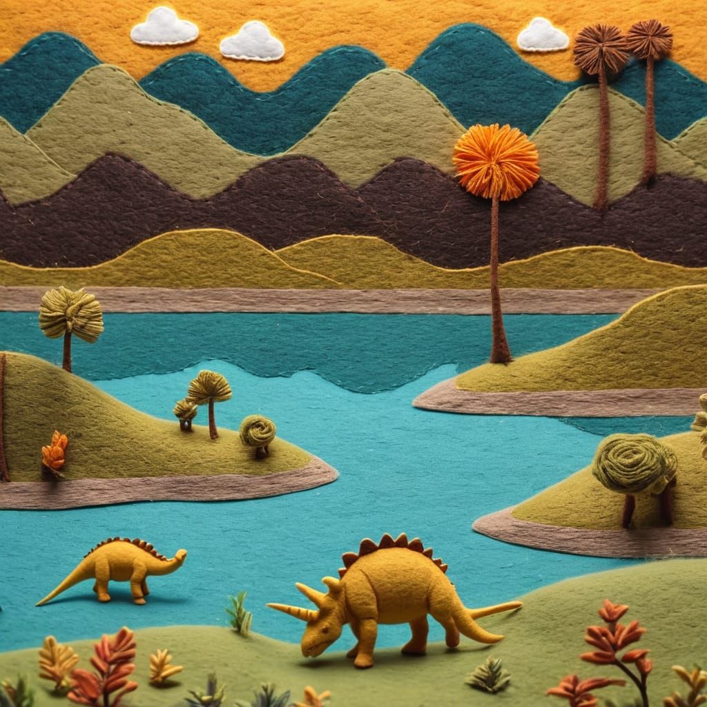 Prehistoric Felt Art Landscape with Dinosaurs