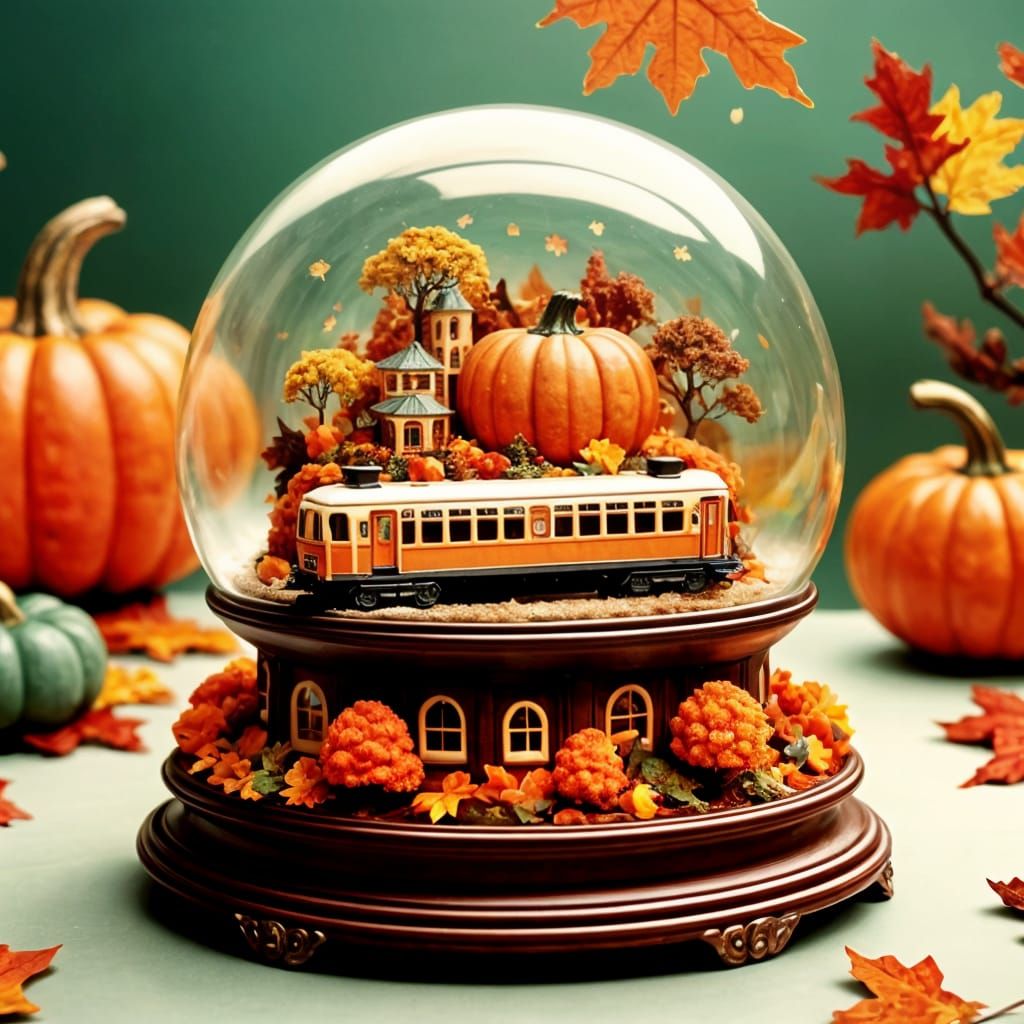 Nostalgic Snow Globe Scene with Train and Pumpkin Patch
