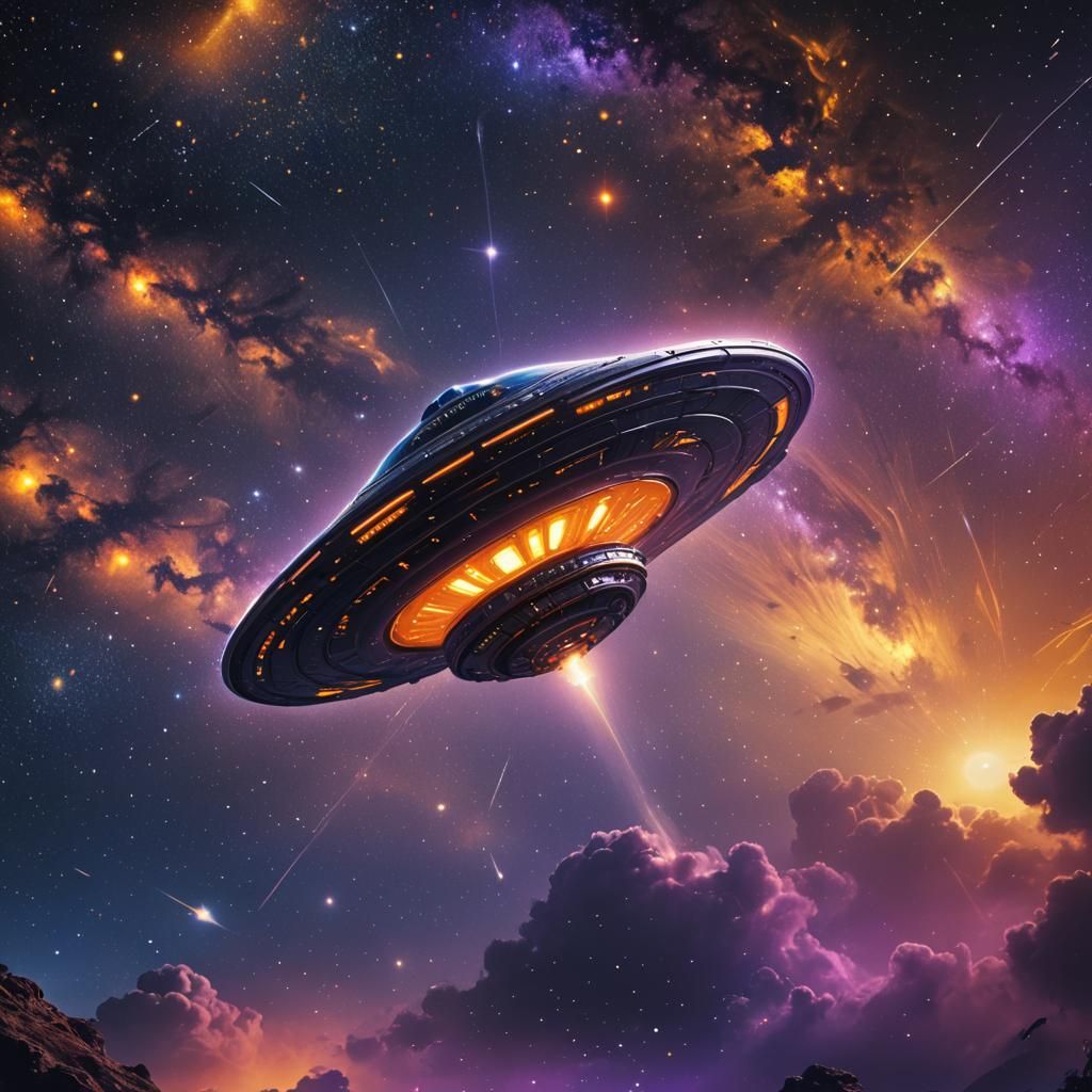 UFO Soaring Through Starry Night Sky