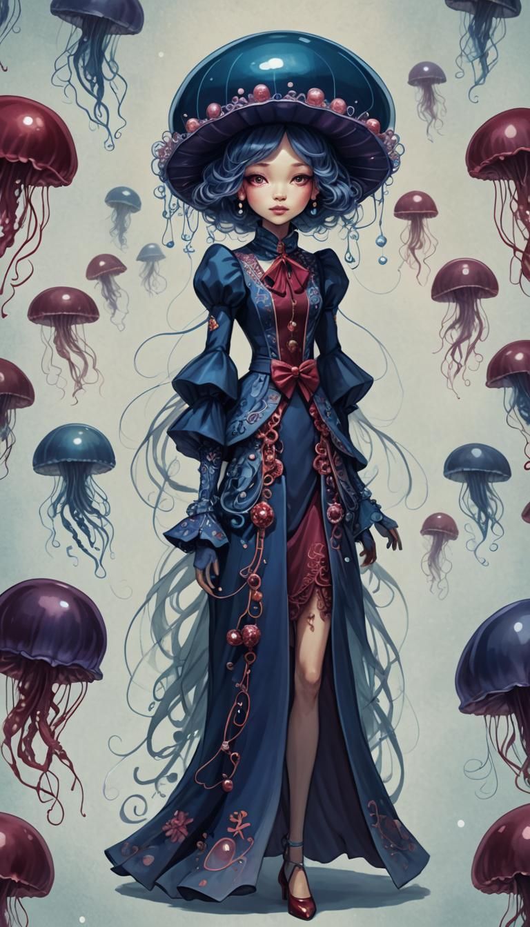 Adorable Jellyfish Princess in Indigo and Burgundy